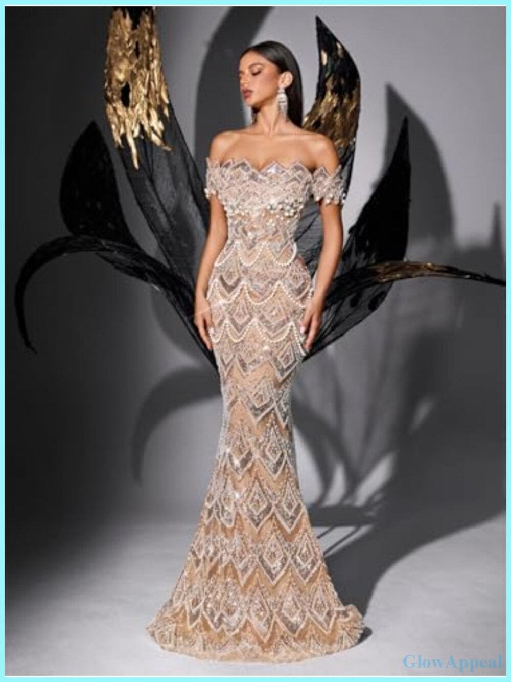 Off Shoulder Mermaid Prom Dress Sequin Beaded Evening Gown Lace Up Back - Picture 5 of 6